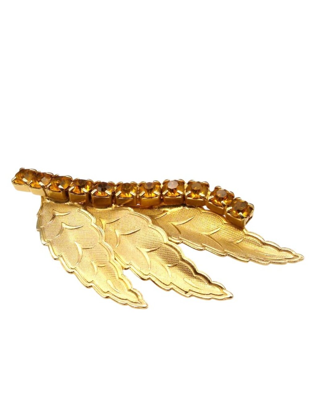 Elegant Vintage Autumn Leaf Brooch, Topaz Colored Crystal Channel with 3 Brushed